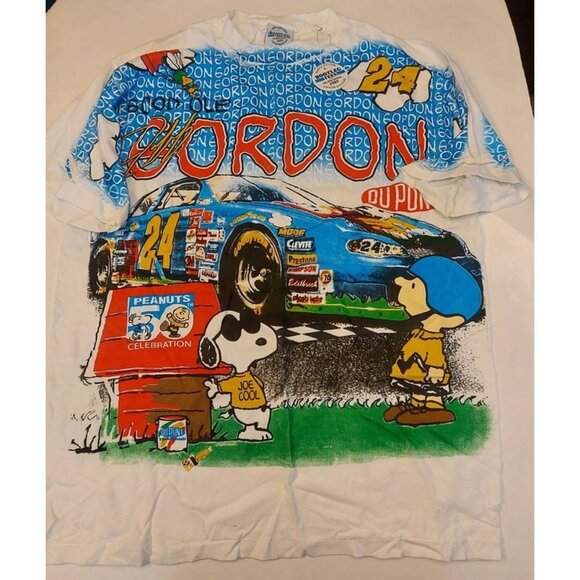 Nascar Gordon X Peanuts Snoopy Mens XL Bootleg Tees Oldschool 1980 Double Sided - Picture 1 of 8